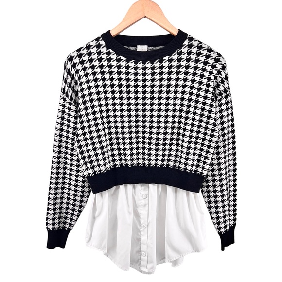 Joie Houndstooth Layered Sweater Shirt Sz M Black White Button Down Hem Attached - Picture 1 of 15